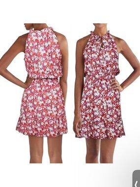 Parker Floral Halter Mini Dress in Red and Pink